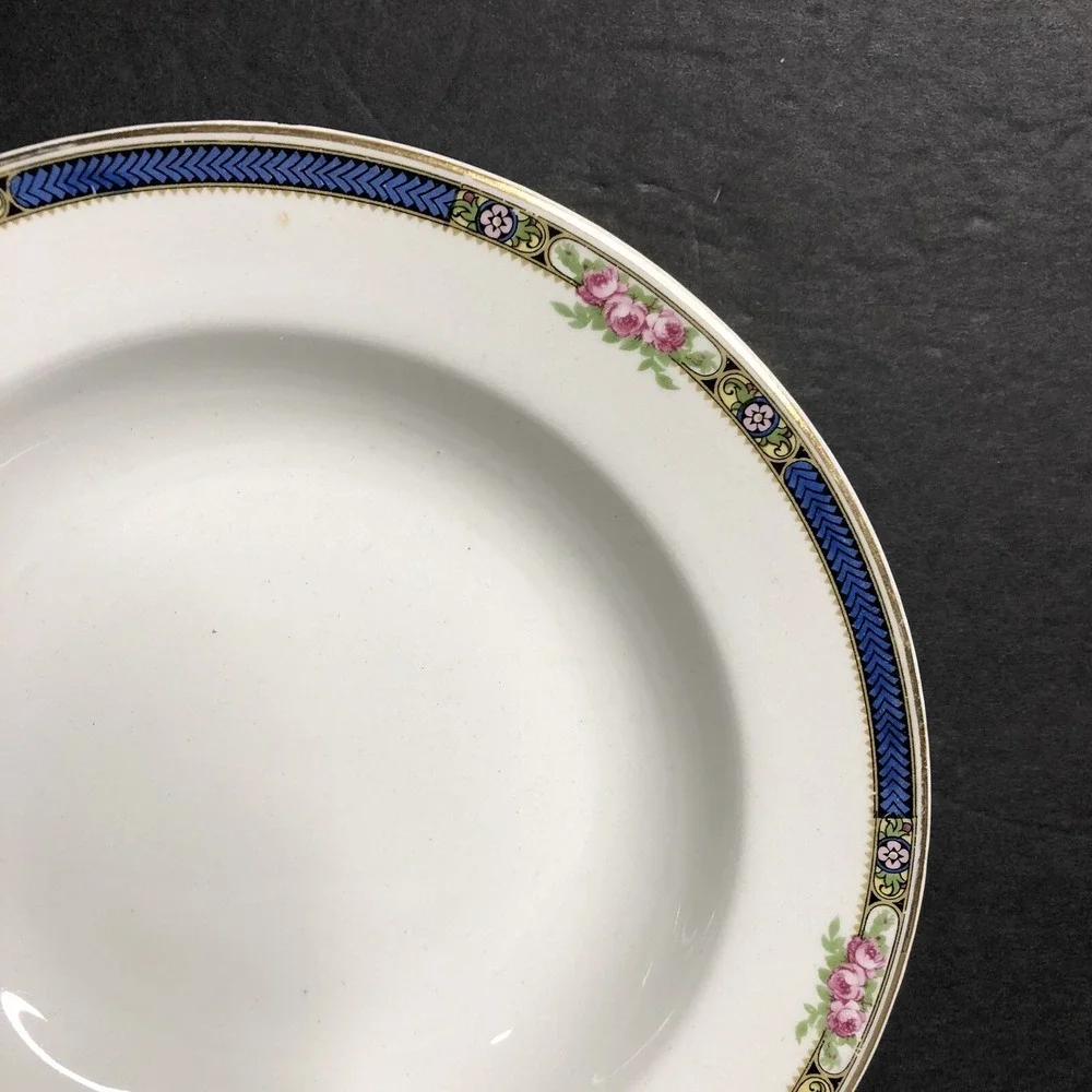 2 Steubenville Rimmed Soup Bowls Cobalt Blue Rim Pink Roses Vintage 8 3/4